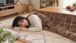 こたつで寝てしまっている様子